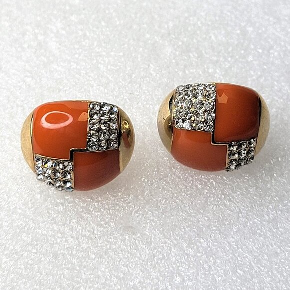 Orange And Gold Oval Earrings with Clear Crystals Small Orange Earrings - Picture 5 of 7